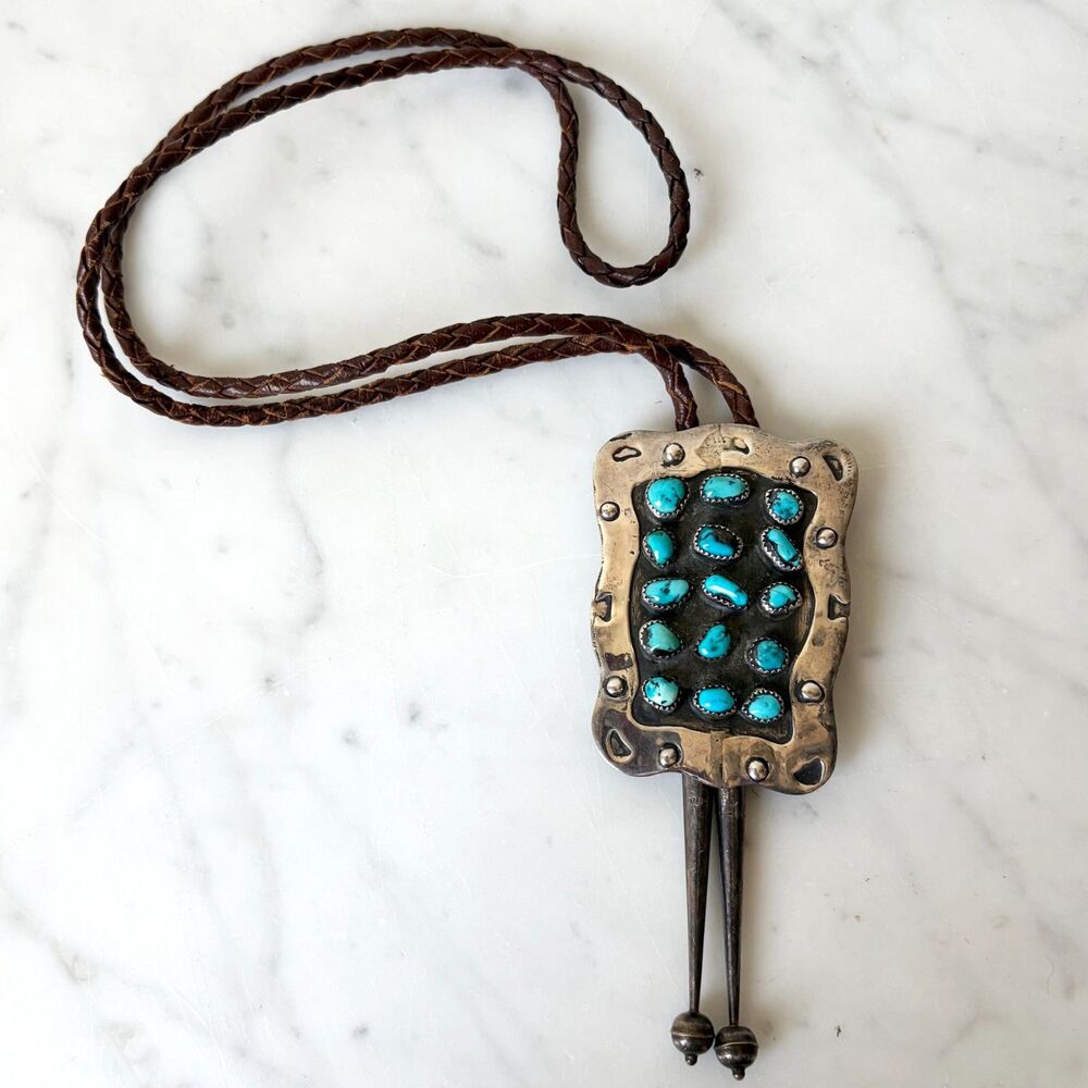Vintage Sterling Silver Turquoise Bolo Tie 15 Stones Navajo Western Marked MC